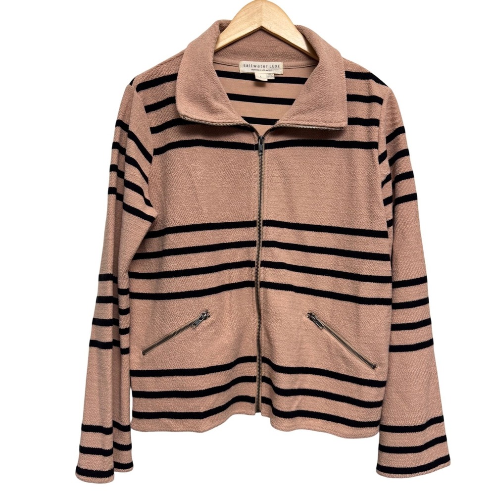 Saltwater Luxe Jacket Large Tan Striped Full‎ Zip Terry Bell Sleeves Casual